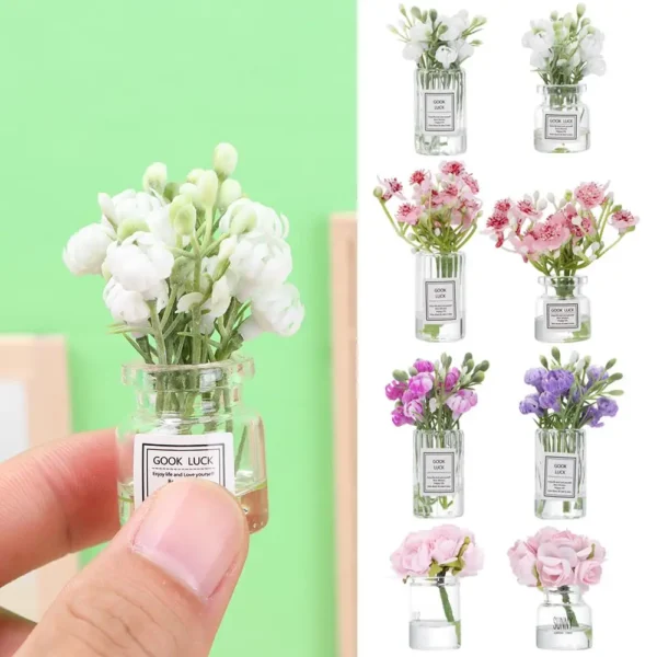 1:12 Scale Toys Furnitue Glass Bottle Mini Floral Arrangement Pink Rose White Jasmine Dollhouse Flower Vase Doll Accessories - Image 2