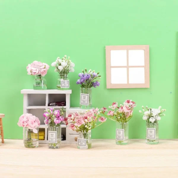 1:12 Scale Toys Furnitue Glass Bottle Mini Floral Arrangement Pink Rose White Jasmine Dollhouse Flower Vase Doll Accessories - Image 3